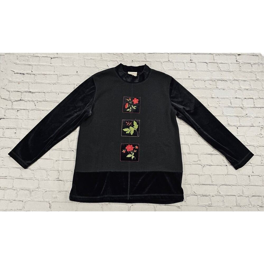 Coldwater Creek Sweater Top Black Velvet Sleeves Bold Floral Design WOMENS SZ S